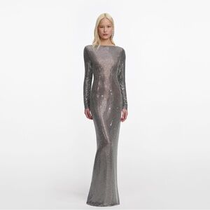 Self portrait GREY RHINESTONE LONG SLEEVE MAXI DRESS $1060 NWT